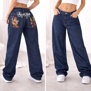 Embroidered Dark Blue Women's baggy low rise Jeans